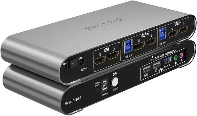 Main image of Terived 2 Computers 2 HDMI Monitors KVM Switch 4K@60Hz, Hotkey Switching, EDID, Audio and Microphone, Aluminum Alloy Shell,Digital Display, Dual Monitor USB 3.0 Hub, HDR10 with Cables