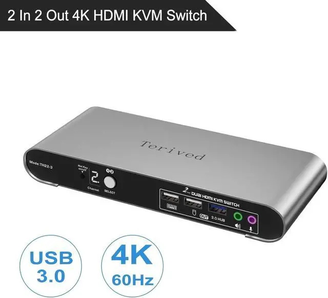 Alt view image 2 of 5 - Terived 2 Computers 2 HDMI Monitors KVM Switch 4K@60Hz, Hotkey Switching, EDID, Audio and Microphone, Aluminum Alloy Shell,Digital Display, Dual Monitor USB 3.0 Hub, HDR10 with Cables