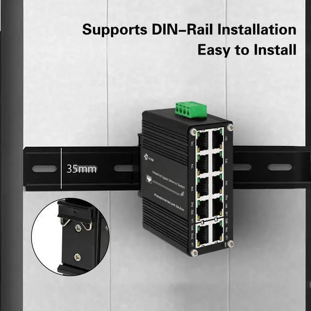 Alt view image 4 of 5 - Industrial 8-Port 10/100/1000T 802.3at PoE+ Compact Ethernet Switch, 2 Ports Mini Din Rail Mount, 48-57V DC Unmanaged Network Switch 20Gbps Switching Capacity