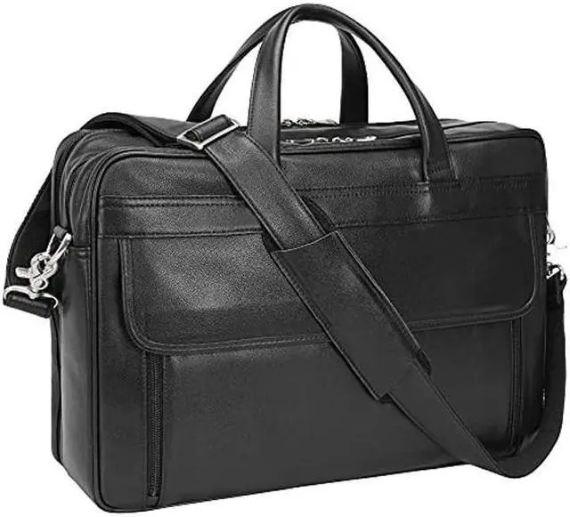 Main image of TIDING Men's Black Leather Briefcase 17.3" Laptop Bag Business Travel Messenger Shoulder Bag