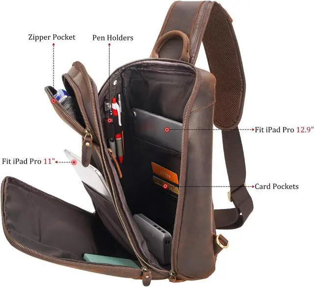 Alt view image 5 of 5 - Polare Men's Sling Bag Travel Outdoor Daypack Backpack with Full Grain Leather Fits 13.3'' 14.1'' Laptop