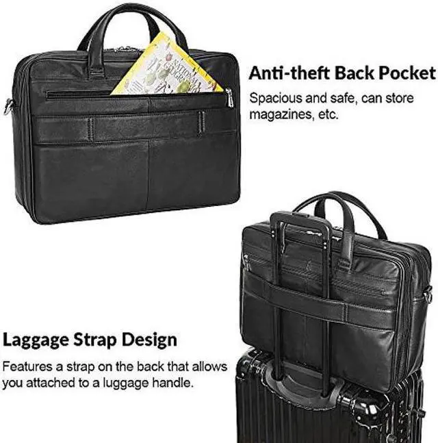 Alt view image 3 of 5 - TIDING Men's Black Leather Briefcase 17.3" Laptop Bag Business Travel Messenger Shoulder Bag
