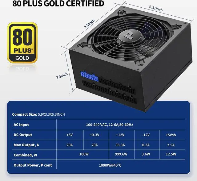 Alt view image 2 of 5 - Pystar 1000W Power Supply 80+ Gold Full Modular PSU,ES1000