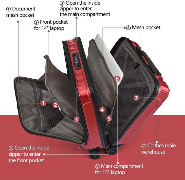 Alt view image 2 of 5 - TydeCkare 16" Carry on Luggage with 2 Laptop Compartments, Lightweight Hardshell ABS+PC Suitcase with Dual Control TSA Lock, with YKK Zipper, 4 Spinner Silent Wheels, for Business Travel, Wine Red