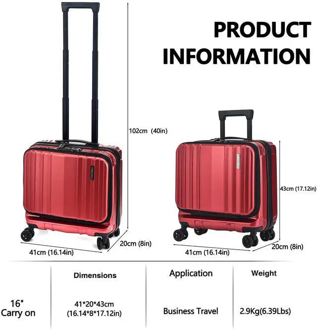 Alt view image 3 of 5 - TydeCkare 16" Carry on Luggage with 2 Laptop Compartments, Lightweight Hardshell ABS+PC Suitcase with Dual Control TSA Lock, with YKK Zipper, 4 Spinner Silent Wheels, for Business Travel, Wine Red