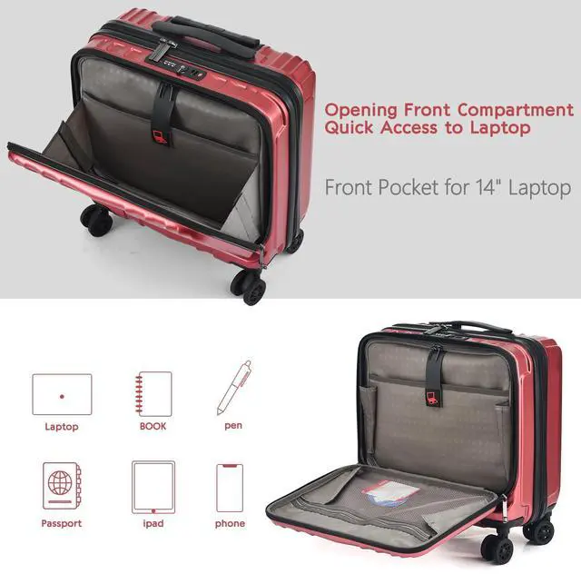Alt view image 4 of 5 - TydeCkare 16" Carry on Luggage with 2 Laptop Compartments, Lightweight Hardshell ABS+PC Suitcase with Dual Control TSA Lock, with YKK Zipper, 4 Spinner Silent Wheels, for Business Travel, Wine Red