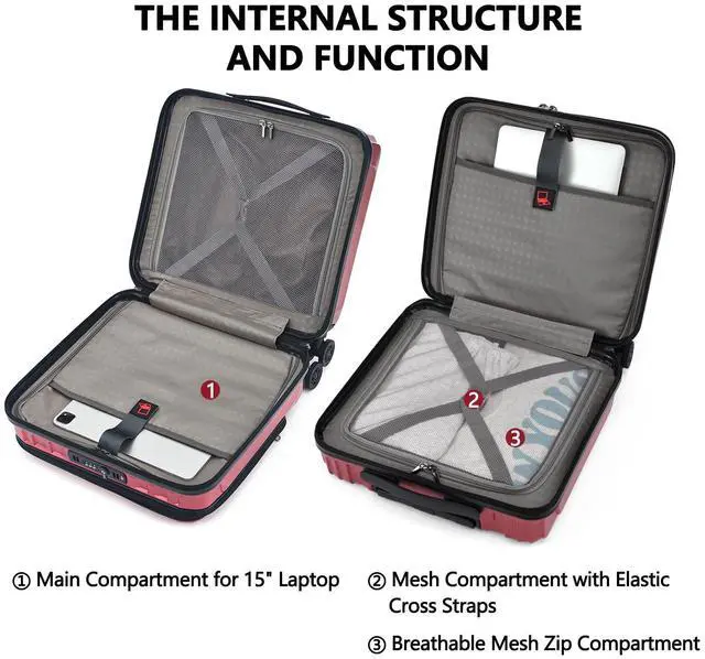 Alt view image 5 of 5 - TydeCkare 16" Carry on Luggage with 2 Laptop Compartments, Lightweight Hardshell ABS+PC Suitcase with Dual Control TSA Lock, with YKK Zipper, 4 Spinner Silent Wheels, for Business Travel, Wine Red