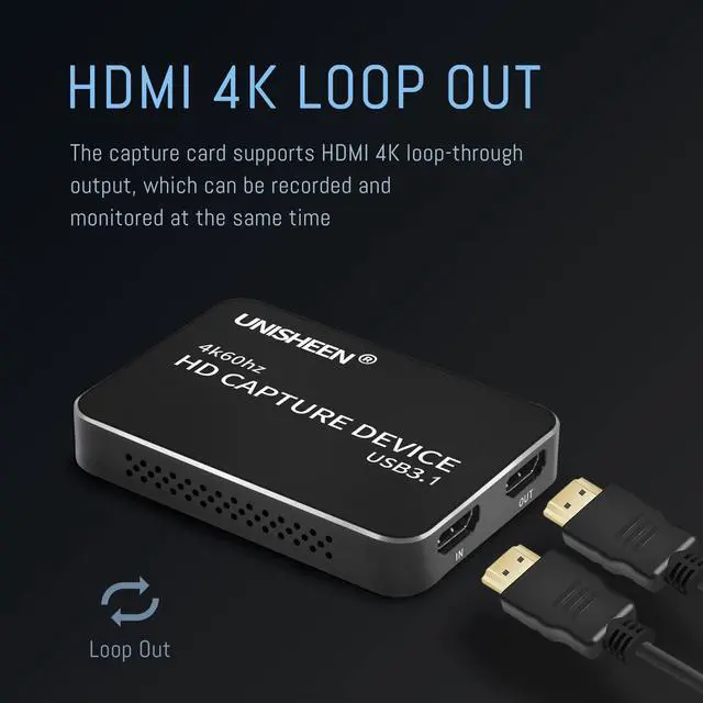 Alt view image 3 of 5 - UNISHEEN USB 3.0 Game Capture Card 4K HDMI Video Adapter Card, Broadcast Live Stream and Record, HDMI to USB 3.0 Dongle HD 1080P Live Streaming Video Game Grabber Converter