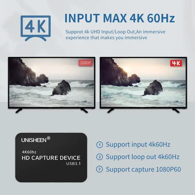 Alt view image 4 of 5 - UNISHEEN USB 3.0 Game Capture Card 4K HDMI Video Adapter Card, Broadcast Live Stream and Record, HDMI to USB 3.0 Dongle HD 1080P Live Streaming Video Game Grabber Converter