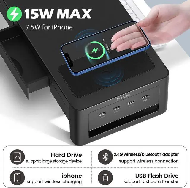 Alt view image 2 of 5 - meatanty 3 In 1 Monitor Stand Riser with 2 Drawers,1 Wireless Charging Module and 4 USB Ports,Metal Computer Stand Support Transfer Data & Charging,Desk Organizer for PC,iMac (21 inches)
