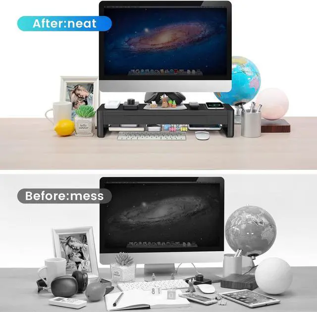 Alt view image 4 of 5 - meatanty 3 In 1 Monitor Stand Riser with 2 Drawers,1 Wireless Charging Module and 4 USB Ports,Metal Computer Stand Support Transfer Data & Charging,Desk Organizer for PC,iMac (21 inches)