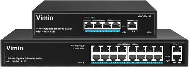 Main image of VIMIN 4 Port Gigabit PoE Switch with 1 Uplink Port & 16 Port Gigabit PoE Switch with 2X Gigabit Uplink Port , Support IEEE802.3af/at, One-Key VLAN, Plug and Play, Metal Case