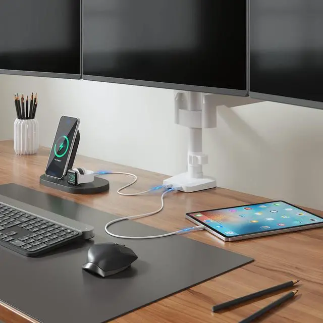 Alt view image 2 of 5 - WALI White Triple Monitor Mount, 3 Monitor Desk Mount for Multi Screens from 13 to 27inch with Gas Spring Arm, Fully Adjustment Arm with Tilt, Swivel, Rotate VESA Mount 75x75,100x100mm(GSDM003W-U)