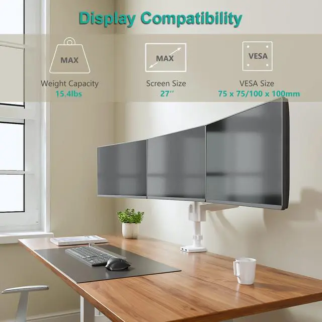 Alt view image 3 of 5 - WALI White Triple Monitor Mount, 3 Monitor Desk Mount for Multi Screens from 13 to 27inch with Gas Spring Arm, Fully Adjustment Arm with Tilt, Swivel, Rotate VESA Mount 75x75,100x100mm(GSDM003W-U)