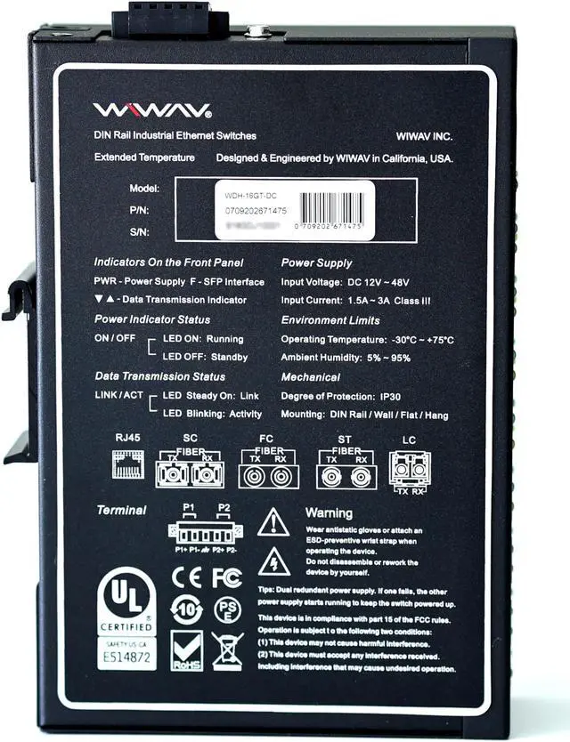 Alt view image 4 of 5 - WIWAV WDH-16GT-DC 10/100/1000Mbps Unmanaged 16-Port Gigabit Industrial Ethernet Switches with DIN Rail/Wall-Mount (UL Listed, Fanless, -30°C~75°C)