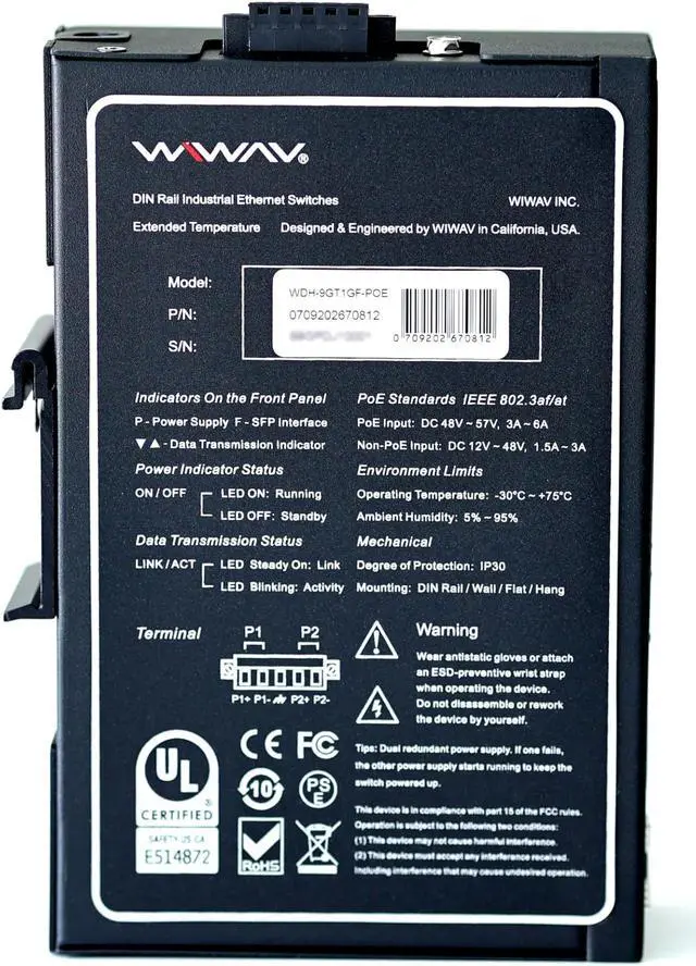 Alt view image 2 of 5 - WIWAV WDH-9GT1GF-POE 10/100/1000Mbps 10-Port PoE Gigabit Unmanaged Industrial Ethernet Switches with DIN Rail/Wall-Mount (UL Listed, Fanless, -30°C to 75°C)