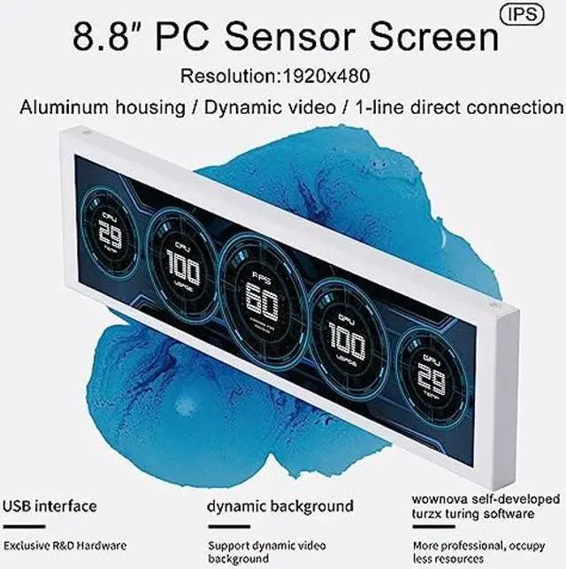 Alt view image 2 of 5 - WOWNOVA 8.8" Computer Temp Monitor (Dynamic Theme Supported), 1 Click 1 Cable to Get Started Quickly PC Temperature Display Sensor Panel IPS Mini Secondary Screen CPU RAM HDD Data FPS Monitor (Black)
