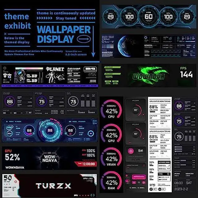 Alt view image 5 of 5 - WOWNOVA 8.8" Computer Temp Monitor (Dynamic Theme Supported), 1 Click 1 Cable to Get Started Quickly PC Temperature Display Sensor Panel IPS Mini Secondary Screen CPU RAM HDD Data FPS Monitor (Black)