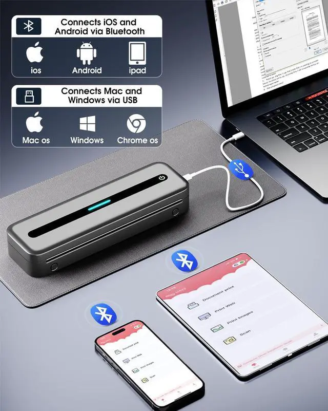 Alt view image 3 of 5 - Portable Printer, Inkless Printer, Portable Printers Wireless for Travel, Small Printer Wireless, Compact Printer with 2 Rolls of 8.5" X 11" Thermal Paper
