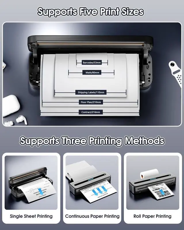 Alt view image 4 of 5 - Portable Printer, Inkless Printer, Portable Printers Wireless for Travel, Small Printer Wireless, Compact Printer with 2 Rolls of 8.5" X 11" Thermal Paper