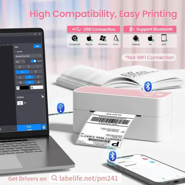 Alt view image 3 of 5 - Phomemo 241BT Bluetooth Thermal Shipping Label Printer 4X6 - Wireless Thermal Label Printer for Shipping Packages + 2 Inch Pink Circle Thermal Sticker Labels 750