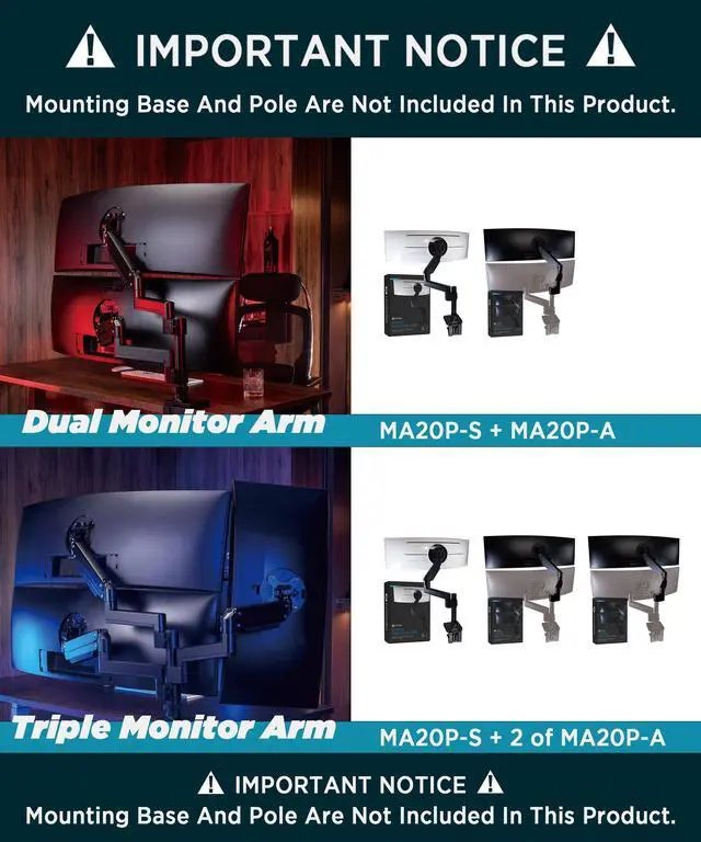 Alt view image 2 of 5 - ULTRARM Heavy Duty Extension Arm [Accessory Only - Requires MA20P-S Single Monitor Arm for Use] Dual 49" Vertical Stacked Monitor Mount Height Adjustable - 100x100 VESA Mount, Black, MA20P-A
