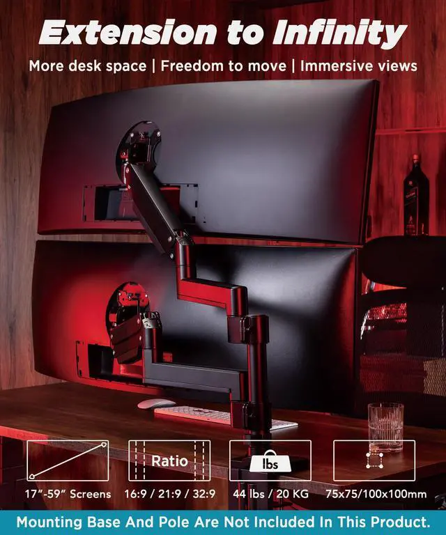 Alt view image 3 of 5 - ULTRARM Heavy Duty Extension Arm [Accessory Only - Requires MA20P-S Single Monitor Arm for Use] Dual 49" Vertical Stacked Monitor Mount Height Adjustable - 100x100 VESA Mount, Black, MA20P-A