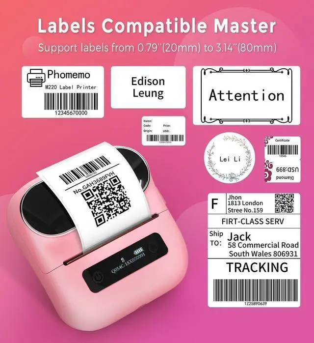 Alt view image 2 of 5 - Phomemo M220 Pink Label Printer, Upgrade Label Maker, Bluetooth Thermal Printer Compatible with iOS,Android,Mac, Windows10 with 1 Roll 40 x 30mm and 1 Roll 70 x 80mm Label Tape