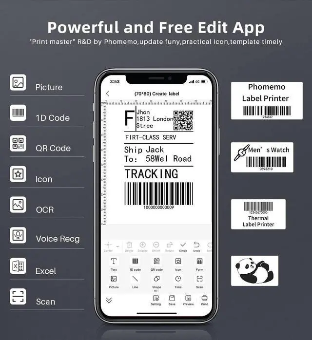 Alt view image 4 of 5 - Phomemo M220 Label Maker, Barcode Label Printer, Wireless Bluetooth Sticker Maker Machine for Address, Retails, Product, Inventory, with 1 Roll 2.75'' x 3.14'' Labels