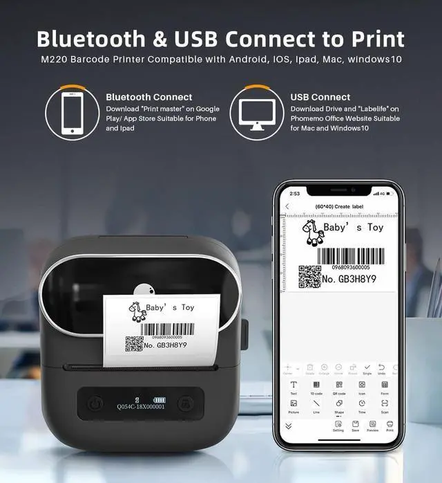 Alt view image 2 of 5 - Phomemo M220 Label Maker, Barcode Label Printer, Wireless Bluetooth Sticker Maker Machine for Address, Retails, Product, Inventory, with 1 Roll 2.75'' x 3.14'' Labels