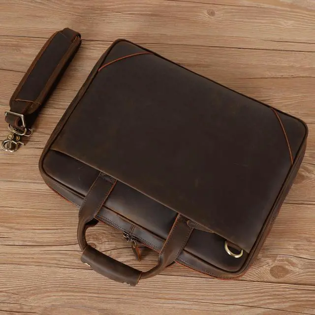 Alt view image 5 of 5 - Masa Kawa Full Grain Leather Slim Briefcase for Men for 15.6" / 16" Laptop Crossbody Shoulder Messenger Computer Bag Vintage Brown Business Travel Work Lawyer Attache Case