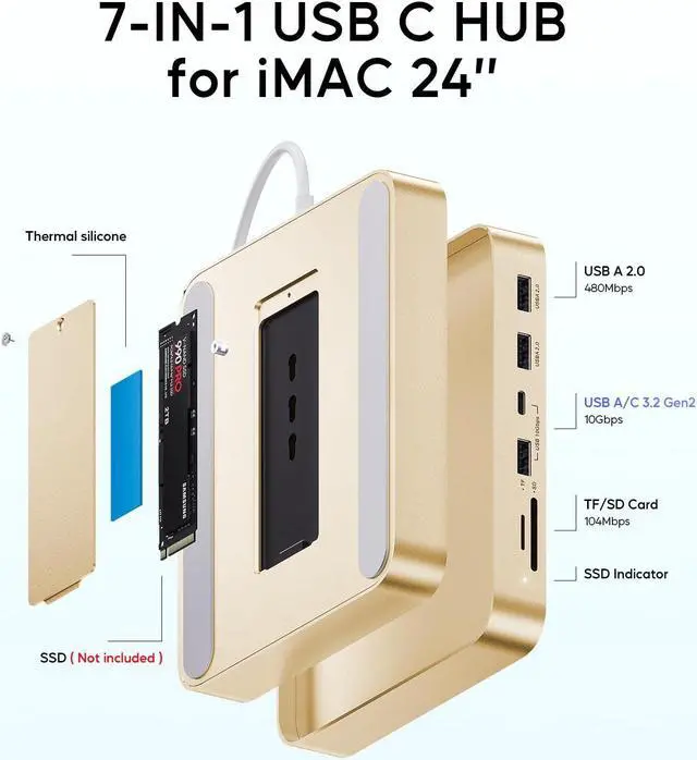 Alt view image 3 of 5 - USB C HUB for iMac 24 inch 2021/2023/2024, PULWTOP USB Hub Adapter iMac Accessories for iMac M1/M3/M4 with USB C 10Gbps 3*USB A SD/TF, Docking Station Support Expand M.2 SSD (Not Included),Yellow