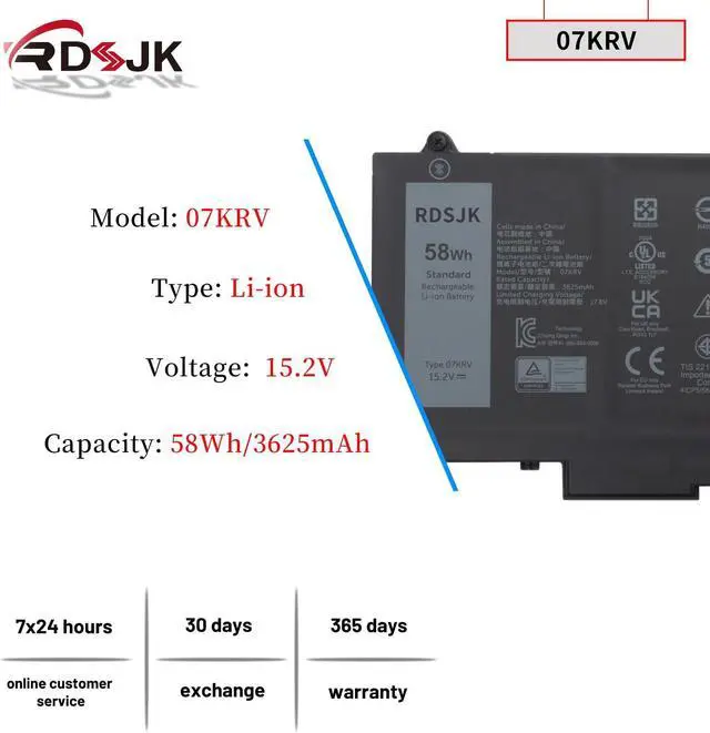 Alt view image 2 of 5 - 07KRV H4PVC Laptop Battery for Dell Latitude 5330 5430 5530 Precision 3570 P104F P104F005 P104F006 P137G P137G004 P137G005 P137G006 Series M69D0 0H4PVC O7KRV Y86WG 0Y86WG 78FWY 078FWY 4FVJG 15.2V 58Wh