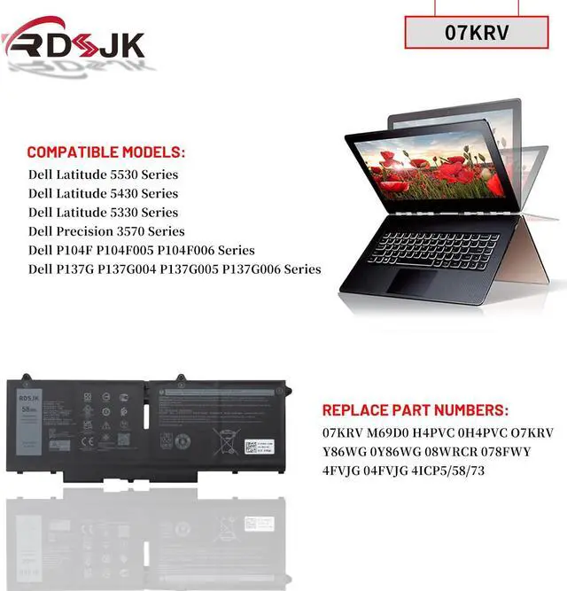 Alt view image 3 of 5 - 07KRV H4PVC Laptop Battery for Dell Latitude 5330 5430 5530 Precision 3570 P104F P104F005 P104F006 P137G P137G004 P137G005 P137G006 Series M69D0 0H4PVC O7KRV Y86WG 0Y86WG 78FWY 078FWY 4FVJG 15.2V 58Wh