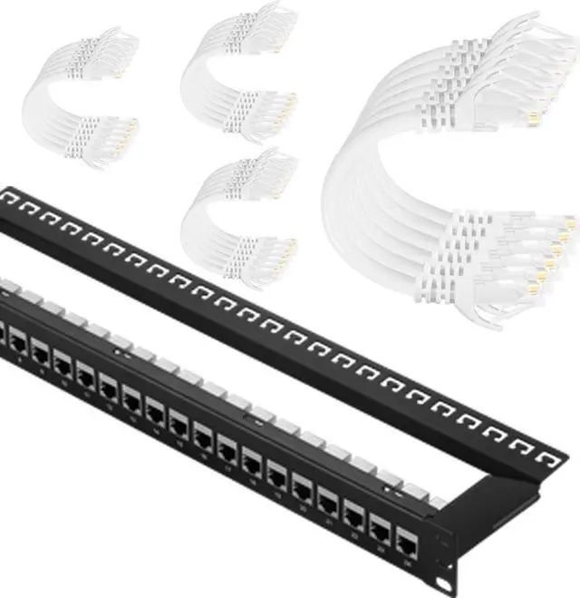 Main image of Rapink Patch Panel 24 Port Cat7 Bundle with Patch Cables Cat6 1ft 24 Pack White