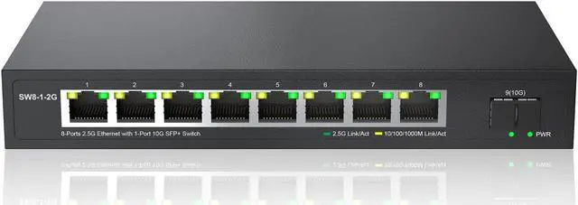 Main image of Real HD 8 Port 2.5G Ethernet Switch Unmanaged Network Switch with 8 x 2.5 Gigabit | 1 x 10G SFP+ | Work with 10-100-1000Mbps Devices | 60G Bandwidth | Plug & Play | Fanless Quiet Metal Internet Switch