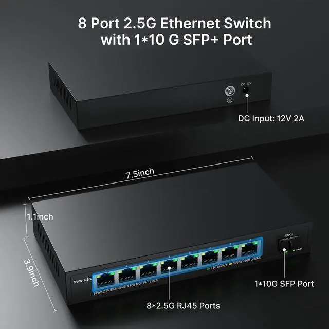 Alt view image 3 of 5 - Real HD 8 Port 2.5G Ethernet Switch Unmanaged Network Switch with 8 x 2.5 Gigabit | 1 x 10G SFP+ | Work with 10-100-1000Mbps Devices | 60G Bandwidth | Plug & Play | Fanless Quiet Metal Internet Switch