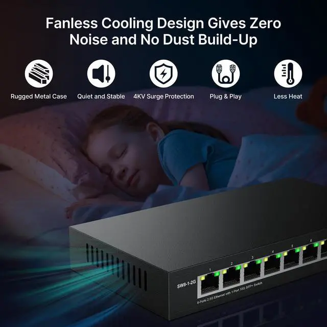 Alt view image 4 of 5 - Real HD 8 Port 2.5G Ethernet Switch Unmanaged Network Switch with 8 x 2.5 Gigabit | 1 x 10G SFP+ | Work with 10-100-1000Mbps Devices | 60G Bandwidth | Plug & Play | Fanless Quiet Metal Internet Switch