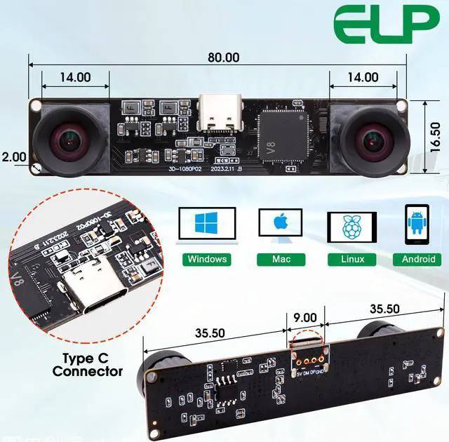 Alt view image 4 of 5 - ELP 4MP Dual Lens USB Webcam - High Speed 1080P 60fps Lightburn Binocular Camera for PC, Computer, Raspberry Pi, Jetson Nano - UVC USB2.0 Laser Engraver Module