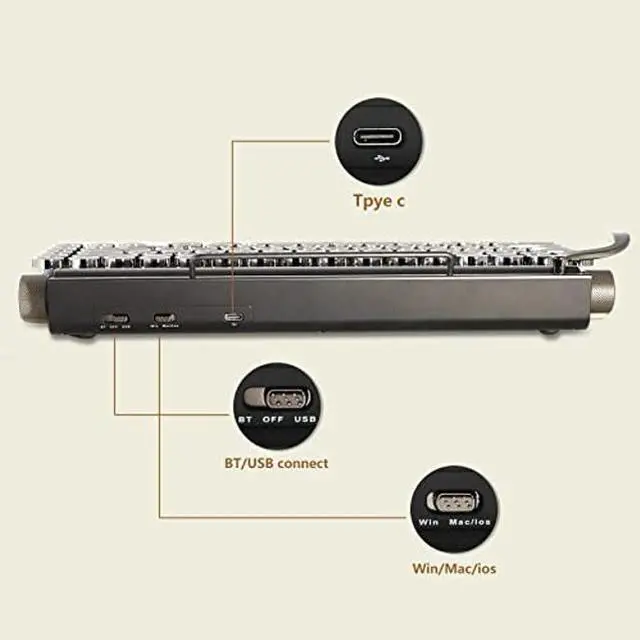Alt view image 5 of 5 - Adventurers Typewriter-Style Retro Mechanical Keyboard LED Backlight 83 Keys Bluetooth 5.0 Blue Axis Wood Color Panel Compatible with iOS/Android/Windows/Vista/Linux/Mac Office/Gaming, 12.8x6.6x1.6in