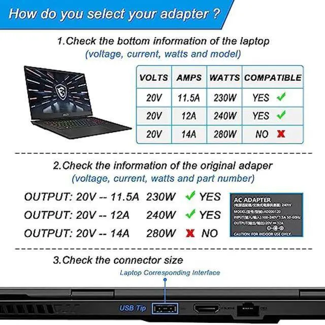 Alt view image 2 of 5 - VHBW 240W USB Tip Charger Replacement for MSI GP77 GS77 GE76 GE66 GP76 GP66 A20-240P2A A240A007P Stealth 17 14 Studio Creator Z16 HX CreatorPro Z16P Z17 RTX 4090 4080 4070 Power Supply