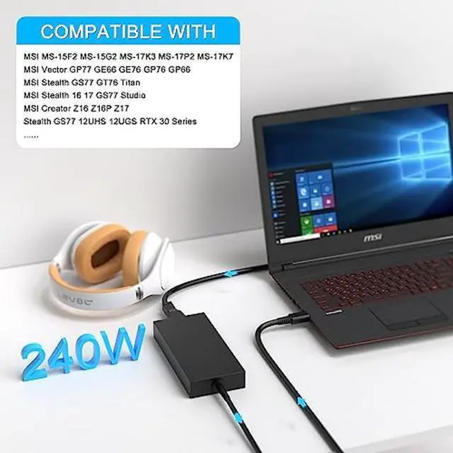 Alt view image 3 of 5 - VHBW 240W USB Tip Charger Replacement for MSI GP77 GS77 GE76 GE66 GP76 GP66 A20-240P2A A240A007P Stealth 17 14 Studio Creator Z16 HX CreatorPro Z16P Z17 RTX 4090 4080 4070 Power Supply