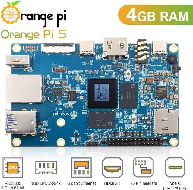 Alt view image 2 of 5 - Orange Pi 5 4GB Rockchip RK3588S 8-Core 64 Bit Single Board Computer, Up to 2.4GHz and 8K Video Codec Support Development Board Run Orange Pi/Ubuntu/Debian/Android 12 OS (4GB+ Power Supply)
