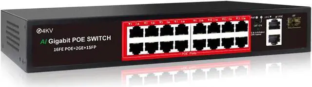 Main image of PoE Switch with 16 POE Ports +2 Gigabit Uplink,1 x 1.25G SFP,802.3af/at PoE+ 100Mbps, 240W Built-in Power, Extend to 250Meter,Unmanaged Metal Plug and Play