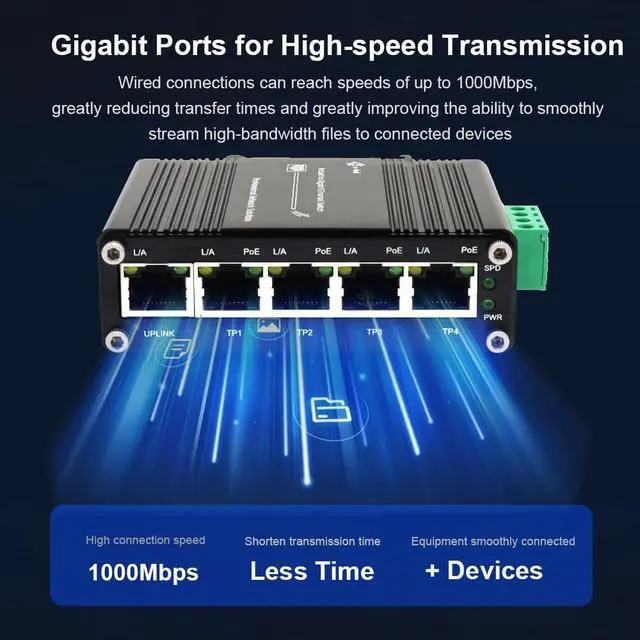 Alt view image 2 of 5 - Mini Industrial 5 Ports Gigabit PoE Switch Hardened 5 Port RJ45 10/100/1000Mbps 802.3at Ethernet Switch Din Rail Mount PoE+ Switch (-40 to 167 ºF) 10Gbps Switching Capacity