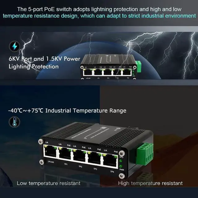 Alt view image 5 of 5 - Mini Industrial 5 Ports Gigabit PoE Switch Hardened 5 Port RJ45 10/100/1000Mbps 802.3at Ethernet Switch Din Rail Mount PoE+ Switch (-40 to 167 ºF) 10Gbps Switching Capacity