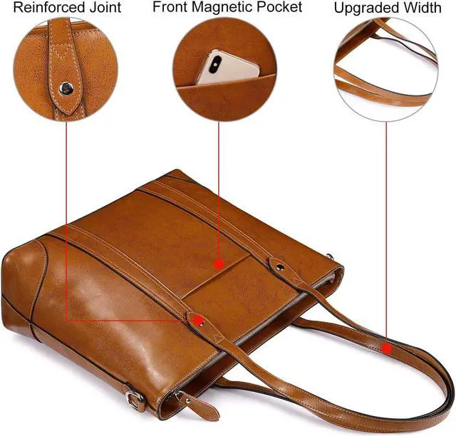 Alt view image 5 of 5 - S-ZONE Leather Tote Bag for Women Office Shoulder Handbag 15.6 Inch Work Laptop Briefcase (Brown)