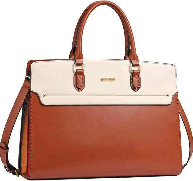 Main image of Telena Briefcase for Women Leather Computer Bag Vintage Fashion Laptop Work Business Brown with Beige