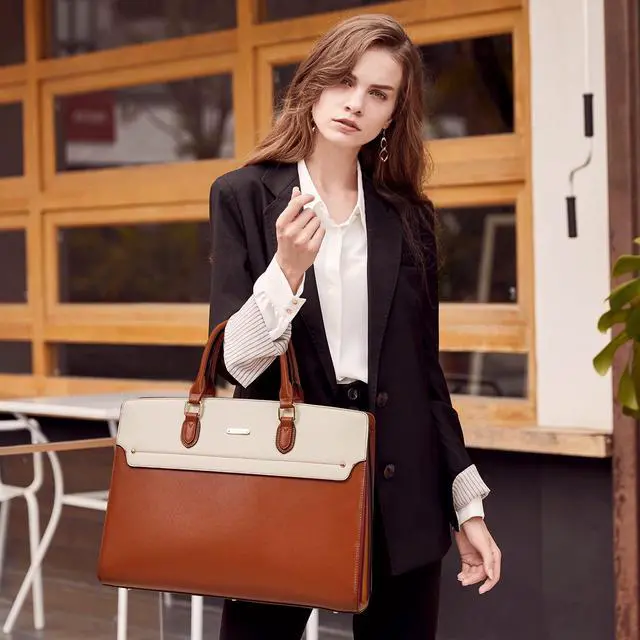 Alt view image 2 of 5 - Telena Briefcase for Women Leather Computer Bag Vintage Fashion Laptop Work Business Brown with Beige
