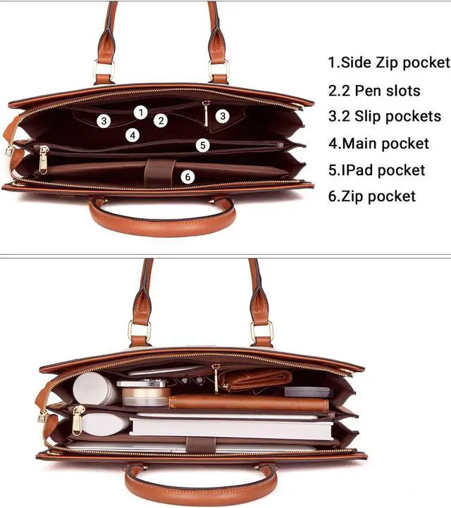 Alt view image 4 of 5 - Telena Briefcase for Women Leather Computer Bag Vintage Fashion Laptop Work Business Brown with Beige